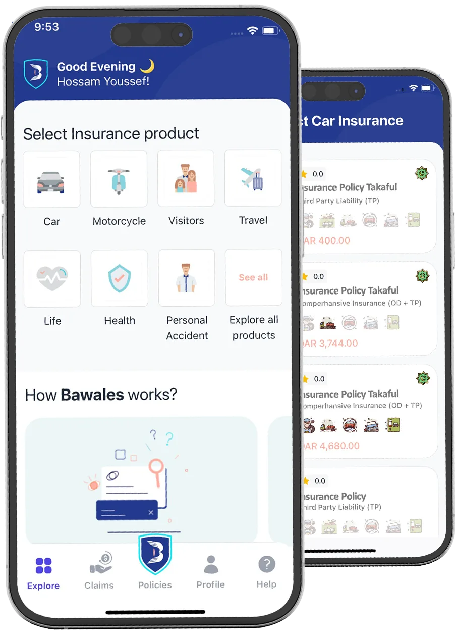 Bawales app home screen listing insurance products, with a car insurance results screen behind it