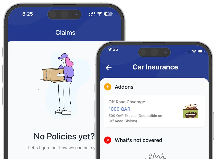 Bawales app claims and car insurance add-ons screens